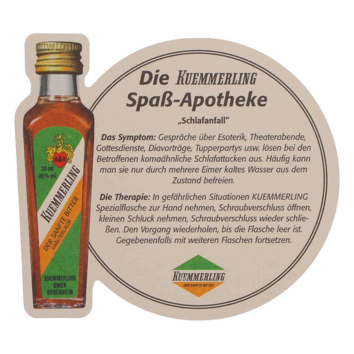 Kümmerling Likör Bierdeckel Untersetzer Spaß-Apotheke Schlafanfall