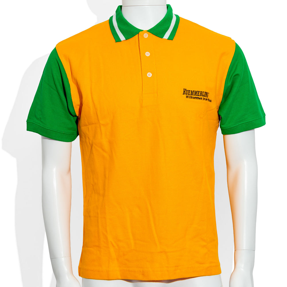 Kümmerling Likör Eventshirt mit grünen Ärmeln und grünem Kragen Gr. M Willkommen in der Runde orange
