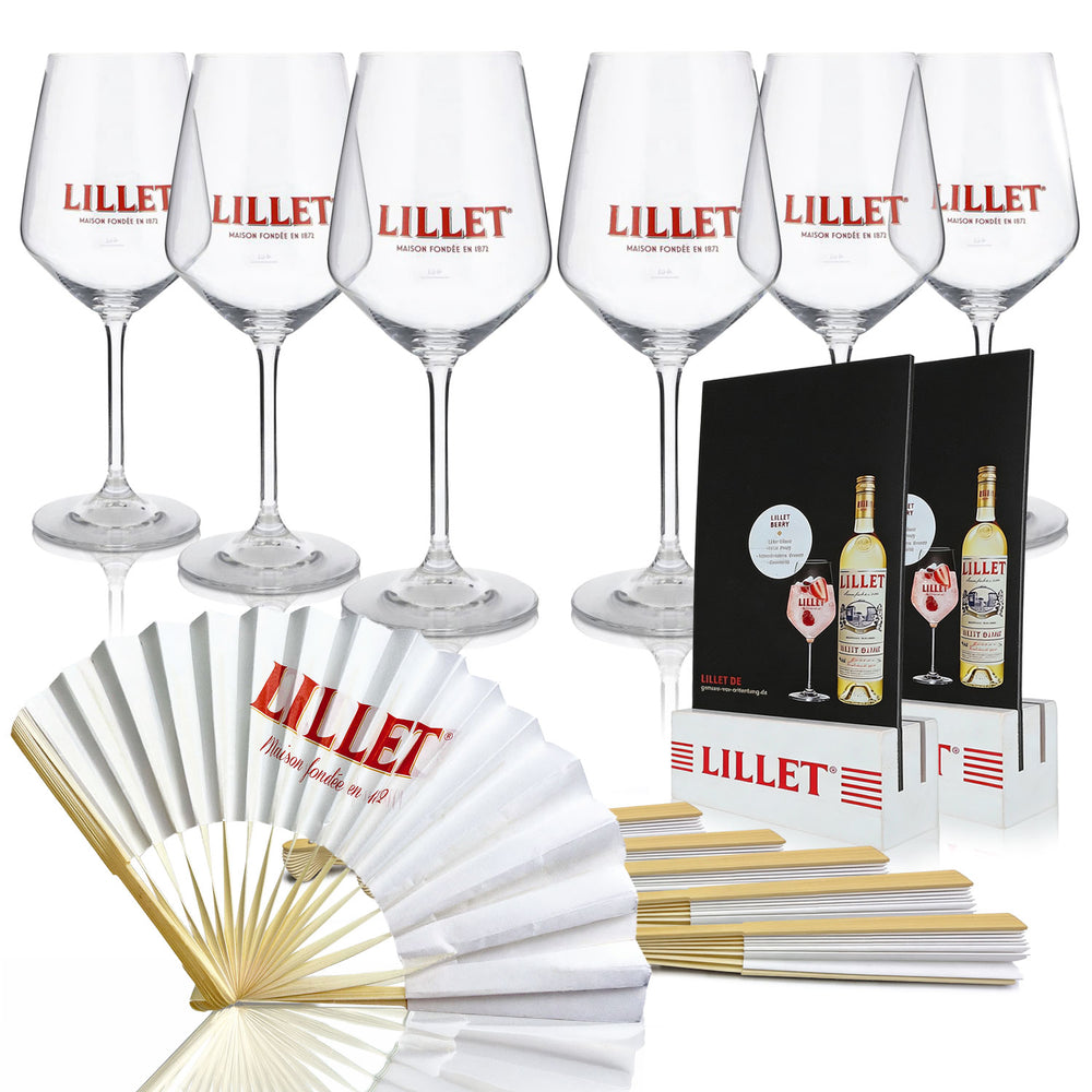 Lillet Bundle Fan II Set aus 2x Tischaufsteller, 6x Lillet Fächer und 6x Lillet Gläser