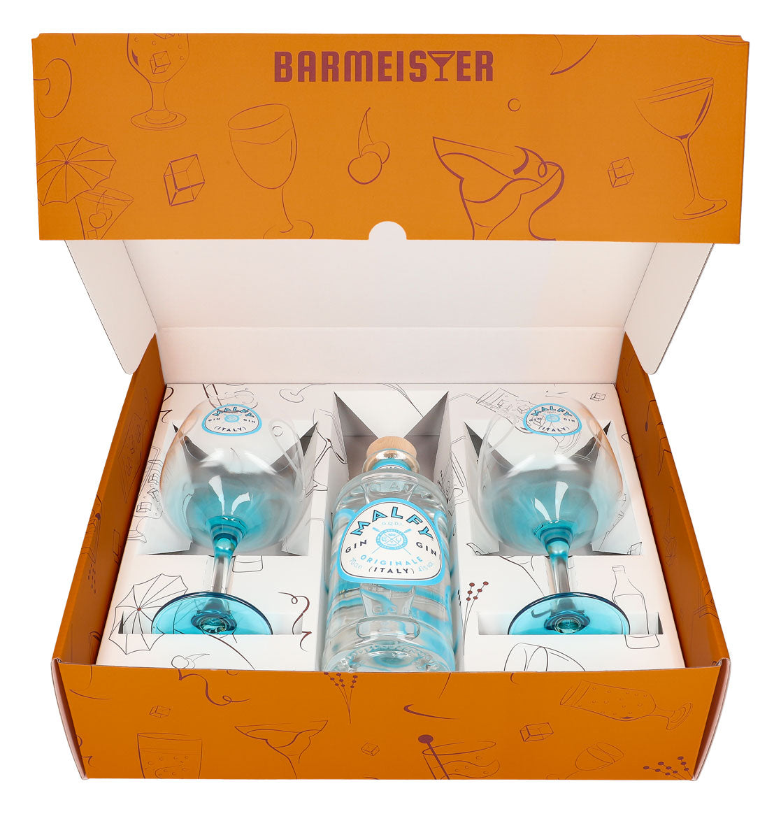 Malfy Gin Geschenkset 0,7l Flasche 41,0 % Vol. + Ballongläser–Orange – Ansicht 2