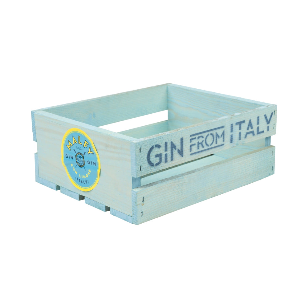 Malfy Gin Holzkiste 30x25cm Blau Gin from Italy Box Deko Kasten Flaschen Garten