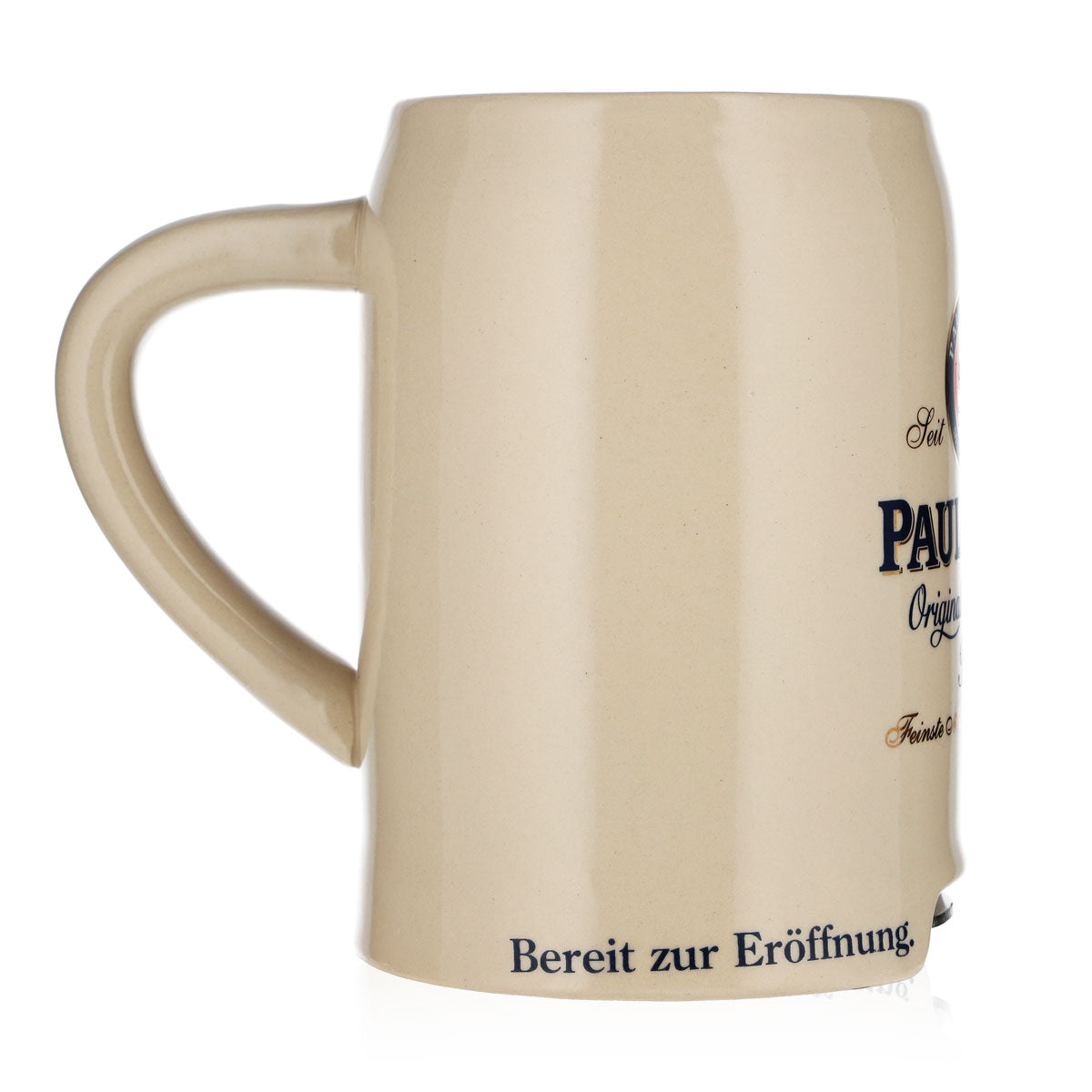 Paulaner Bier Glas 0,5l Tonkrug mit Flaschenöffner "Bereit zur Eröffnung" Ton – Ansicht 3