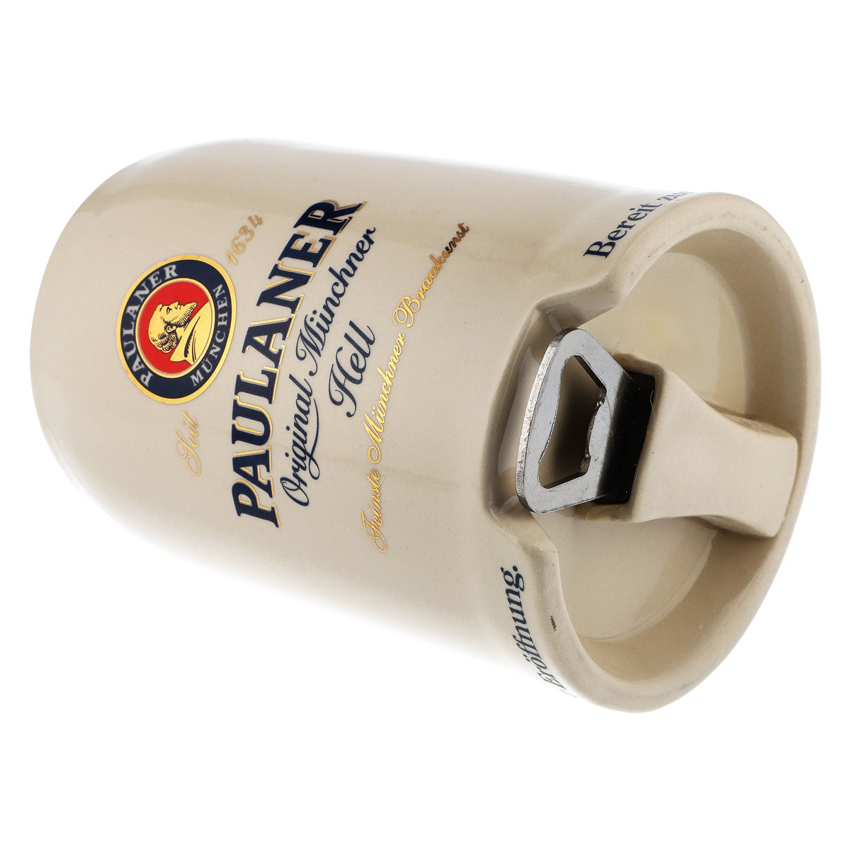 Paulaner Bier Glas 0,5l Tonkrug mit Flaschenöffner "Bereit zur Eröffnung" Ton – Ansicht 6