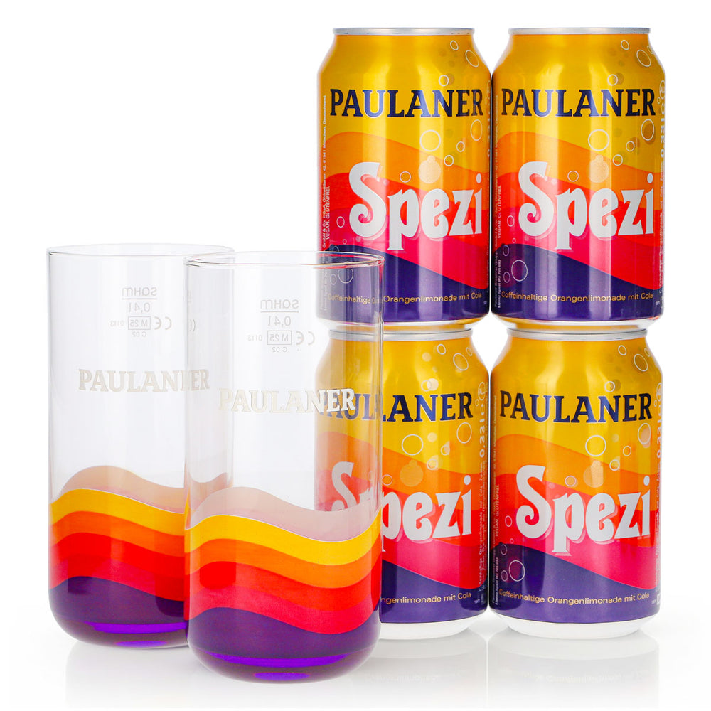Paulaner Spezi Geschenkset Bundle 6-tlg. 2 Gläser 0,4l + 4 Dosen 0,33l