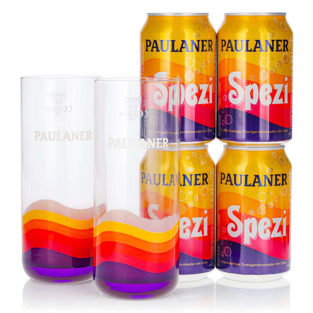 Paulaner Spezi Geschenkset Bundle 6-tlg. 2 Gläser 0,5l + 4 Dosen 0,33l
