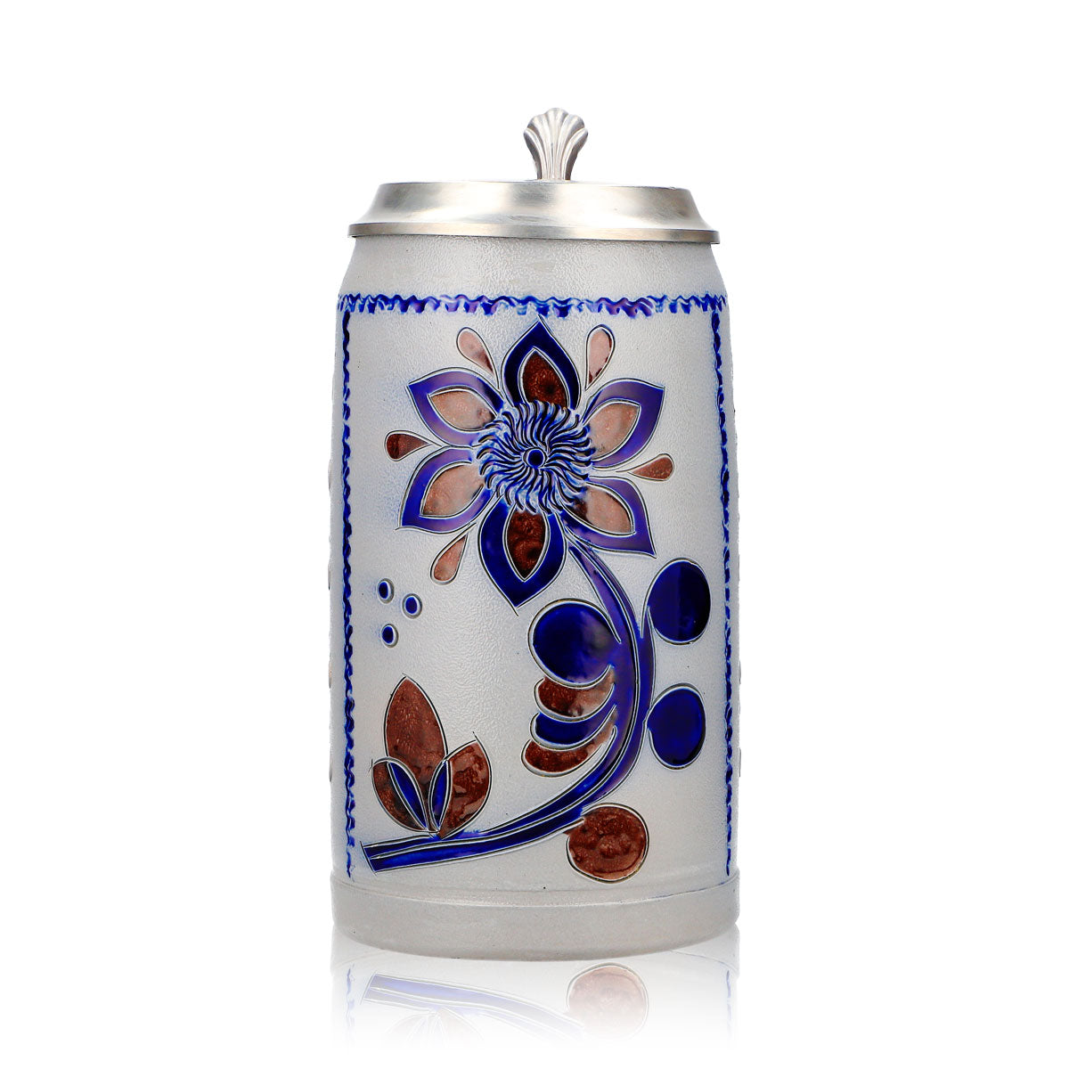 Rastal Bier Glas Steinkrug 1,16l mit Zinndeckel blau/braunes Blumen Steingut