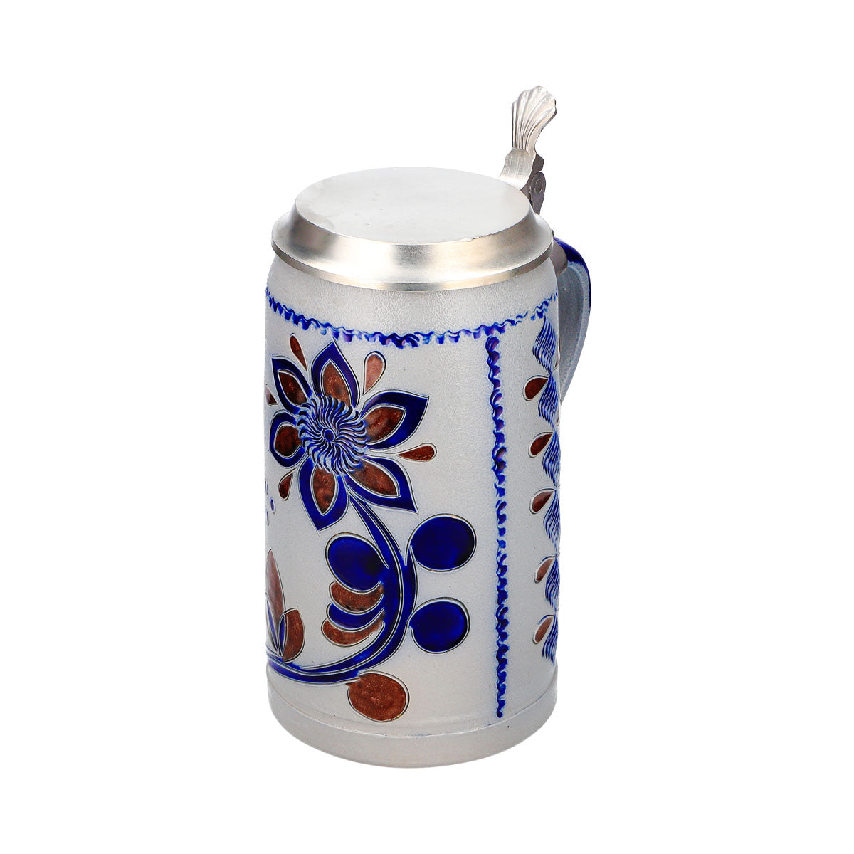 Rastal Bier Glas Steinkrug 1,16l mit Zinndeckel blau/braunes Blumen Steingut – Ansicht 6