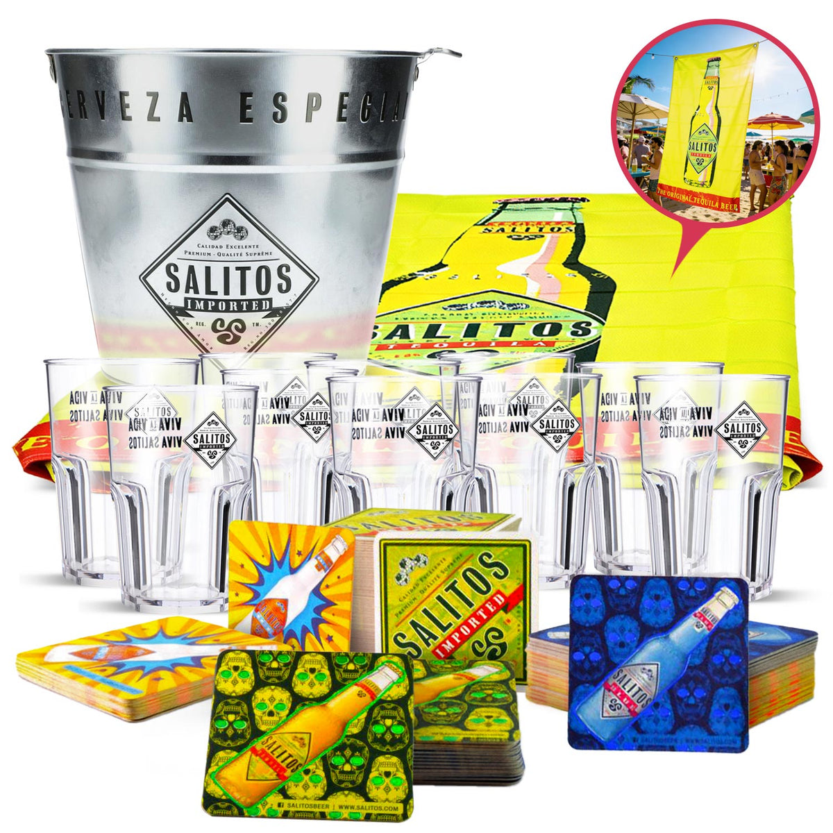 Salitos Party Bundle Set I aus 10x Gläser 0,4l Banner Untersetzer Eiseimer
