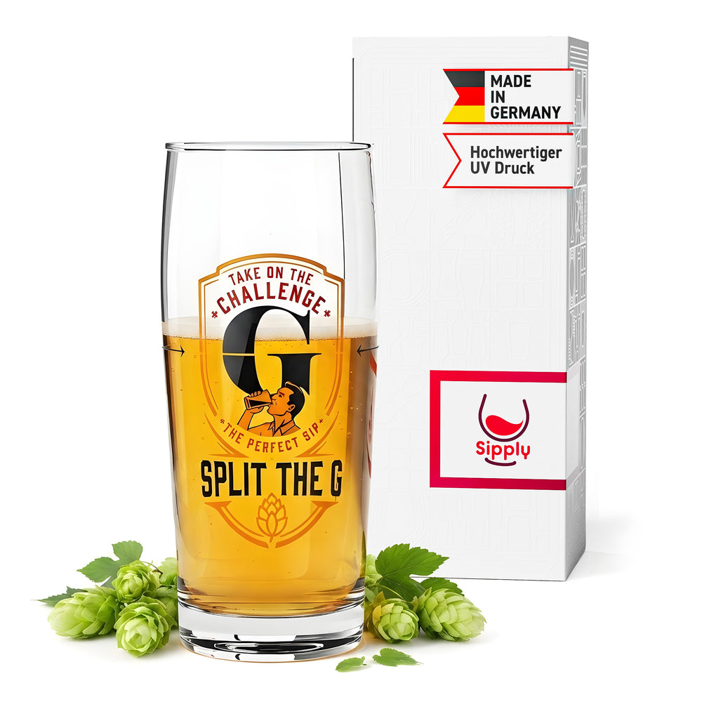 Sipply Bierglas SPLIT THE G Take on the Challenge Willibecher 0,5l - Der lustige Social Media-Trend
