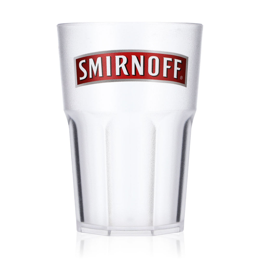 Smirnoff Vodka Glas Mehrwegbecher Kunststoff 0,43l Relief breites rotes Logo