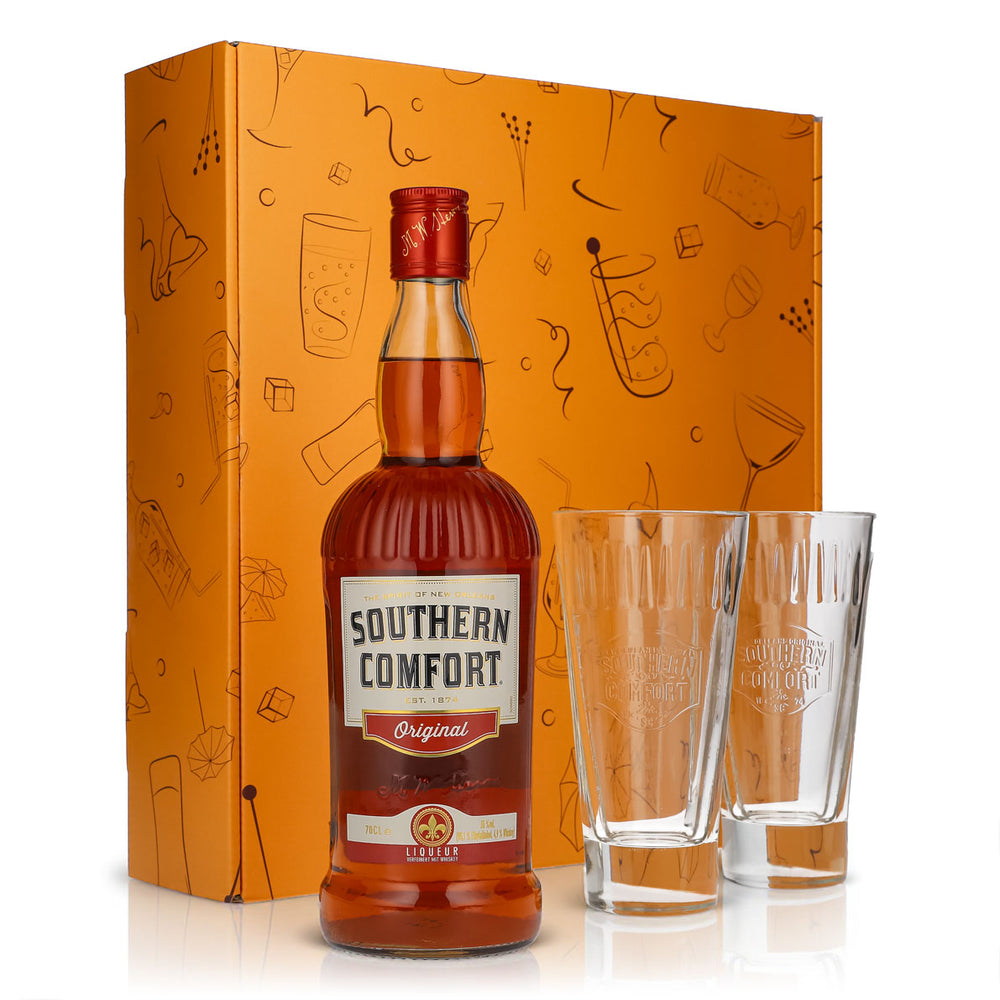 Southern Comfort Geschenkset 0,7l Flasche 35,0 % Vol. + Longdrinkgläser Relief–Orange