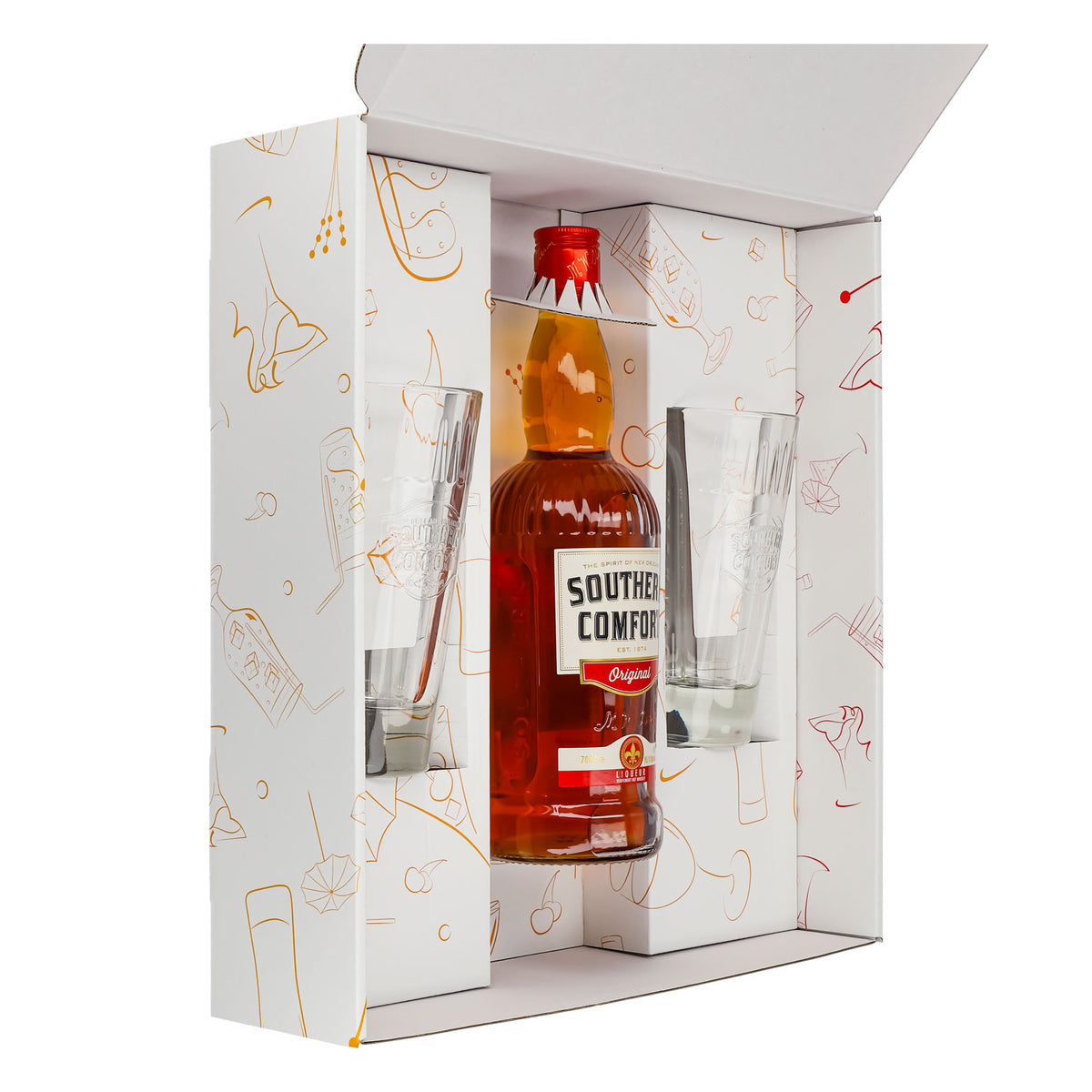 Southern Comfort Geschenkset 0,7l Flasche 35,0 % Vol. + Longdrinkgläser Relief–Weiß – Ansicht 4