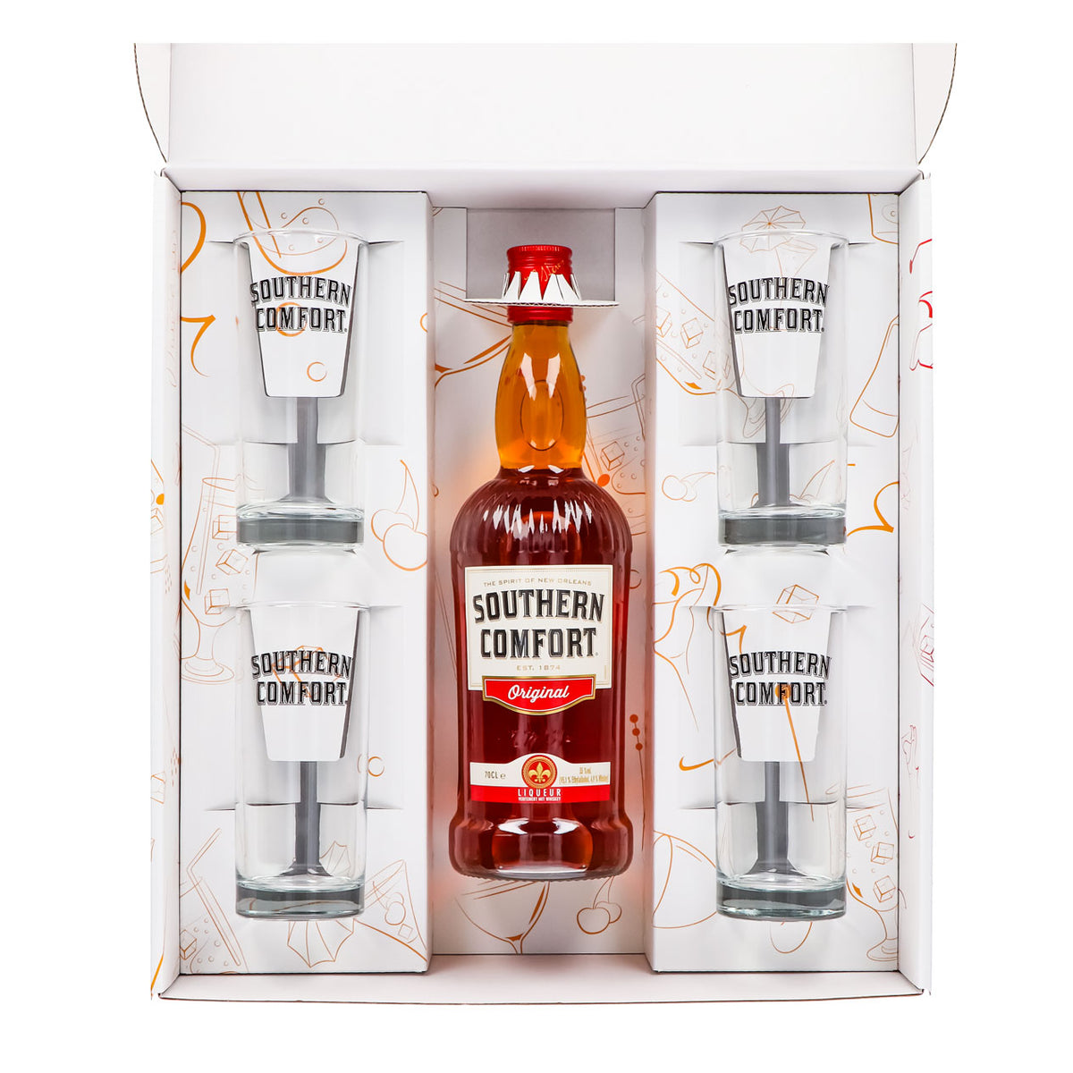 Southern Comfort Geschenkset 0,7l Flasche 35,0 % Vol. + Longdrinkgläser Schwarz–Weiß – Ansicht 3
