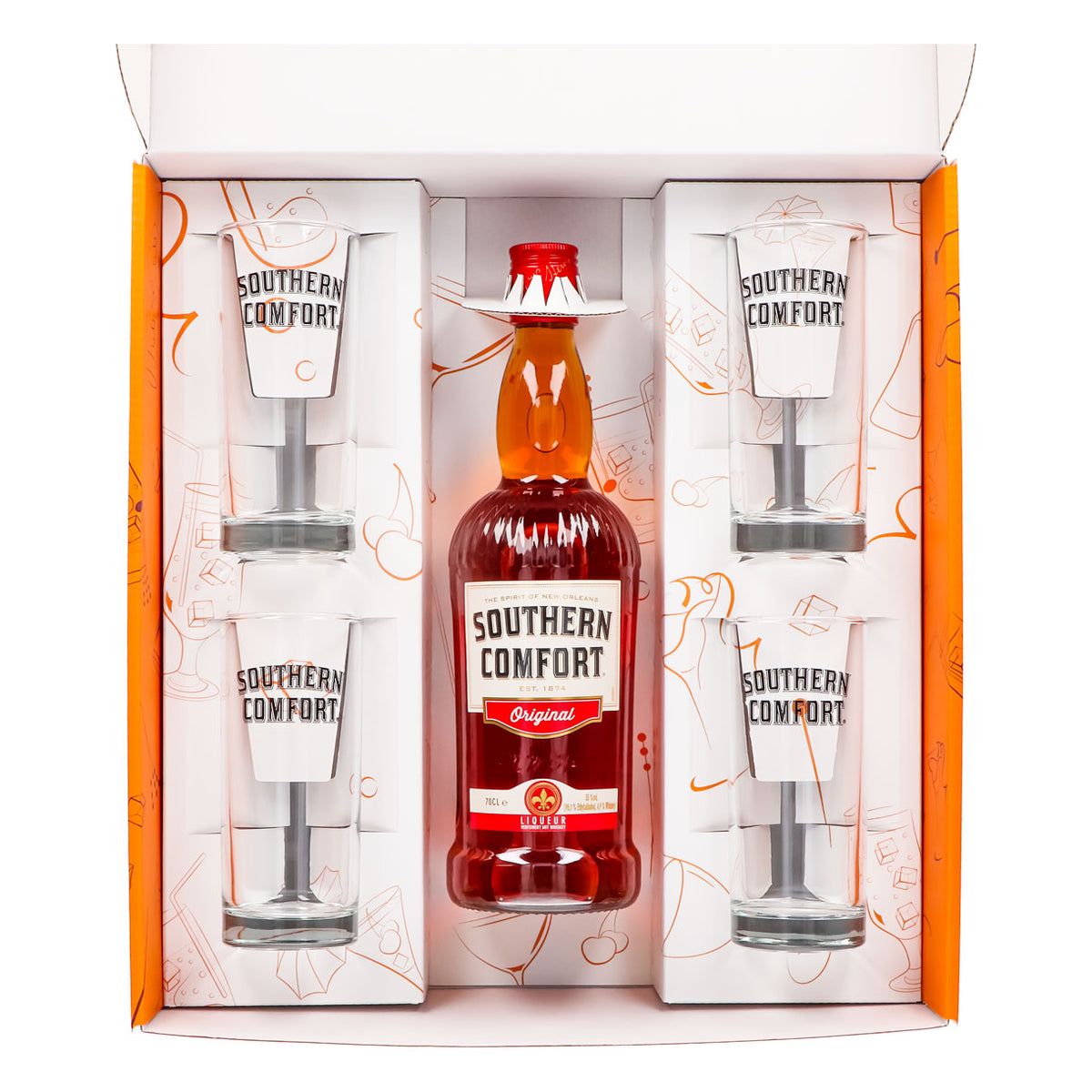 Southern Comfort Geschenkset 0,7l Flasche 35,0 % Vol. + 4 Longdrinkgläser Weiß–Orange – Ansicht 3