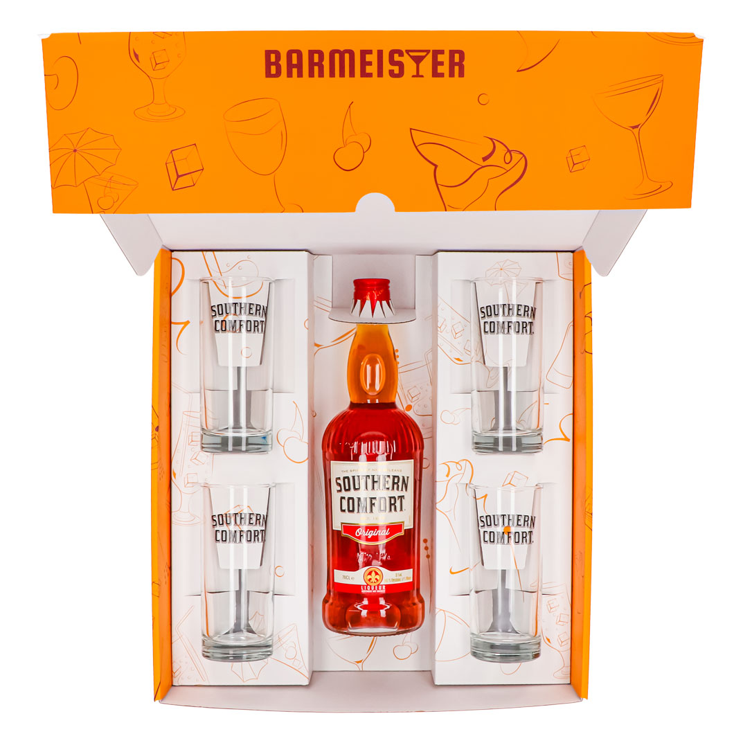 Southern Comfort Geschenkset 0,7l Flasche 35,0 % Vol. + 4 Longdrinkgläser Weiß–Orange – Ansicht 4