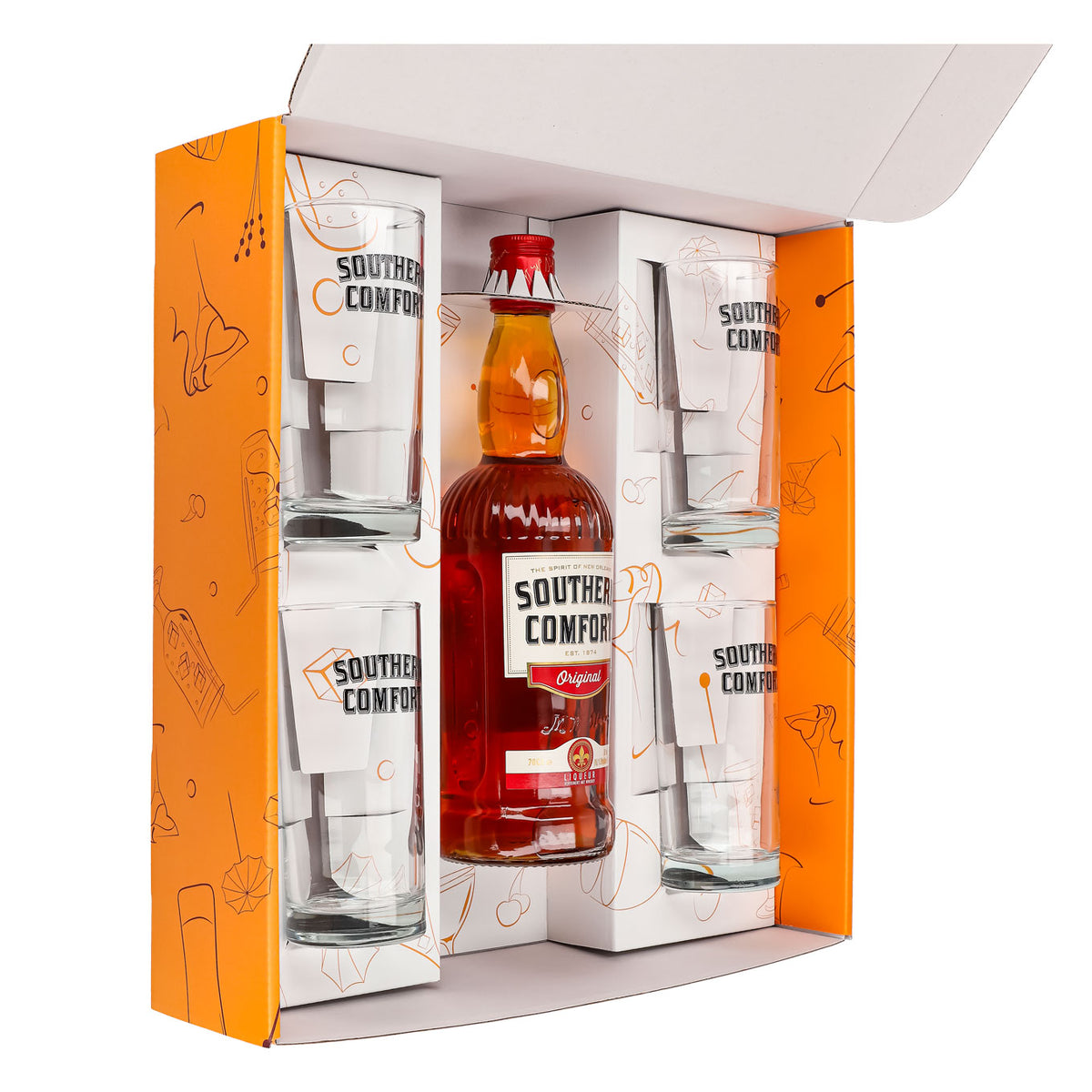 Southern Comfort Geschenkset 0,7l Flasche 35,0 % Vol. + 4 Longdrinkgläser Weiß–Orange – Ansicht 5