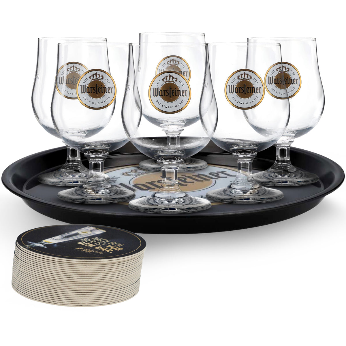Warsteiner Bier Bundle Bar Set II aus 6x Schwenkegläser 100 Bierdeckel 1Tablett