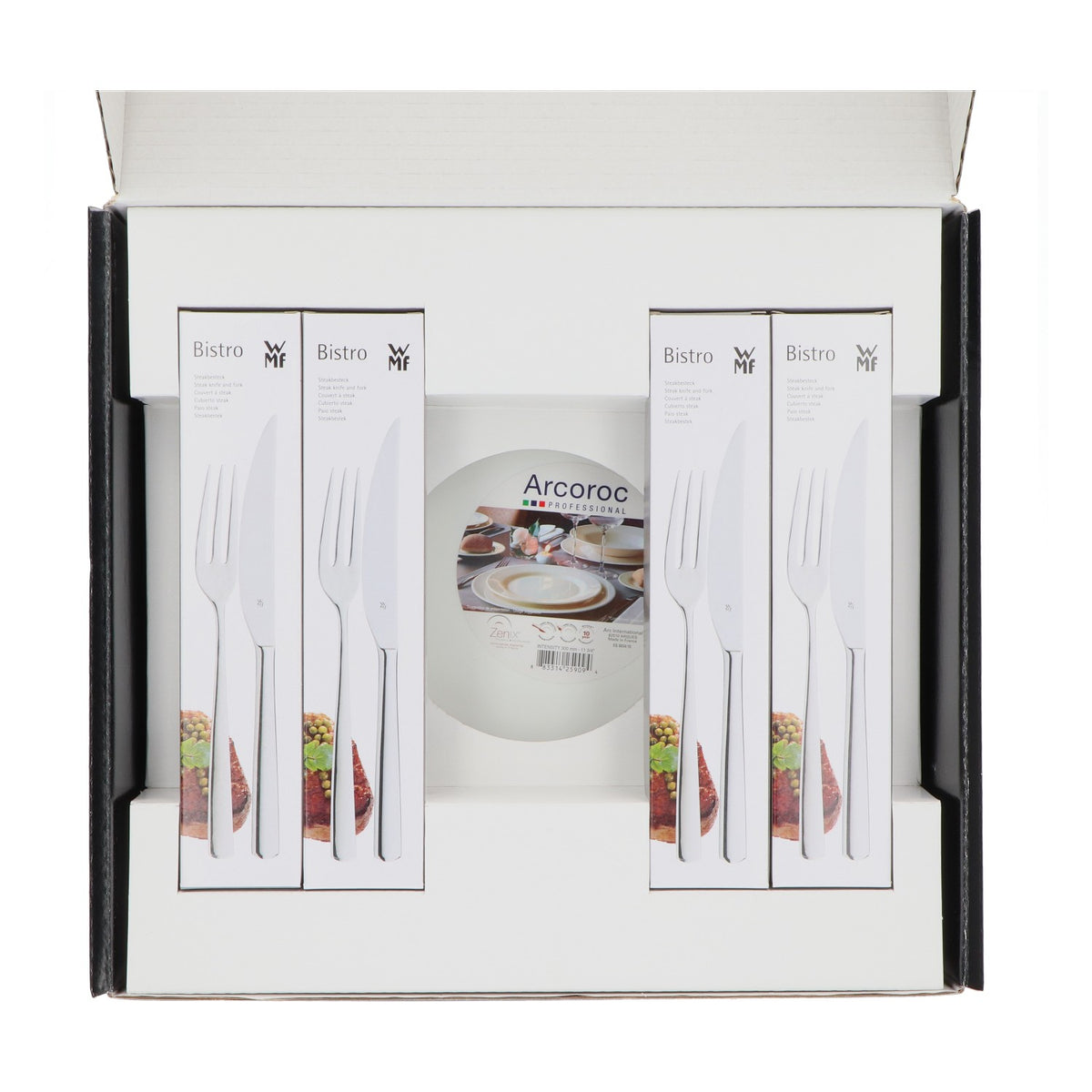 WMF Haushaltswaren Grill Set for 4, 4 x Steakbesteck, 4 x Arcoroc Esstelleller – Ansicht 3