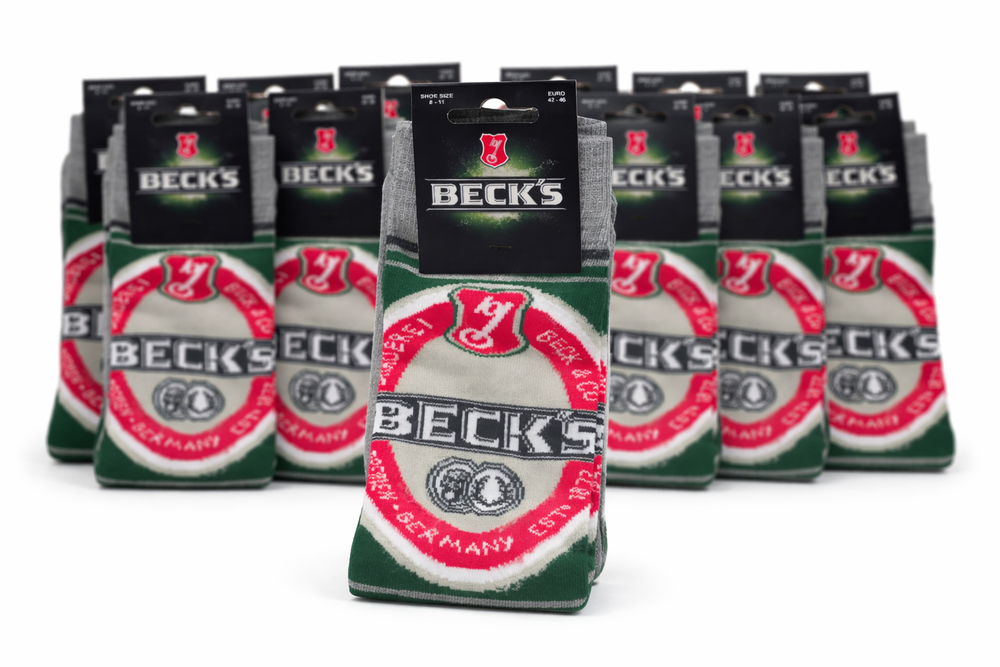 10x Becks Socken Strümpfe Größe 42-46 Unisex Socks Retro Party Freizeit Crew Bier