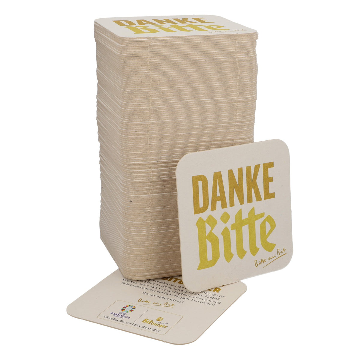 125x Bitburger Bier Bierdeckel Untersetzer 9x9 cm "Bitte noch 1" Rückseite "Euro 2024"