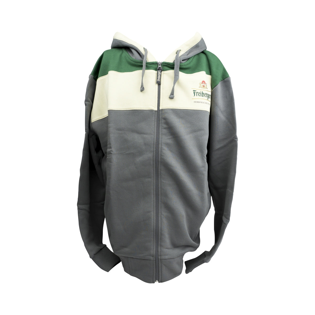 1x Freiberger Bier Hoodie Kapuzen-Sweatjacke grau/grün/beige Gr. XXL