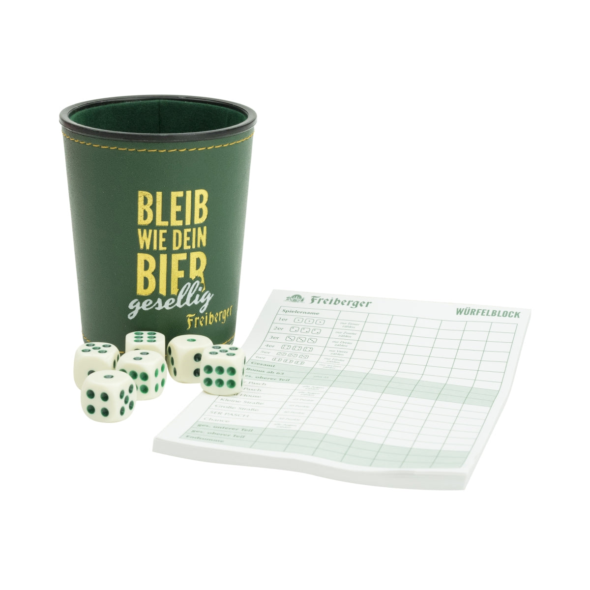 1x Freiberger Bier Würfelbecher Set mit Würfeln + Spieleblock