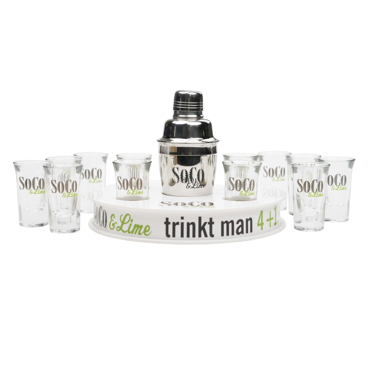 1x Soco Lime Whiskey Shotset 12 Shotgläser, 1 Shaker und 1 Tablett