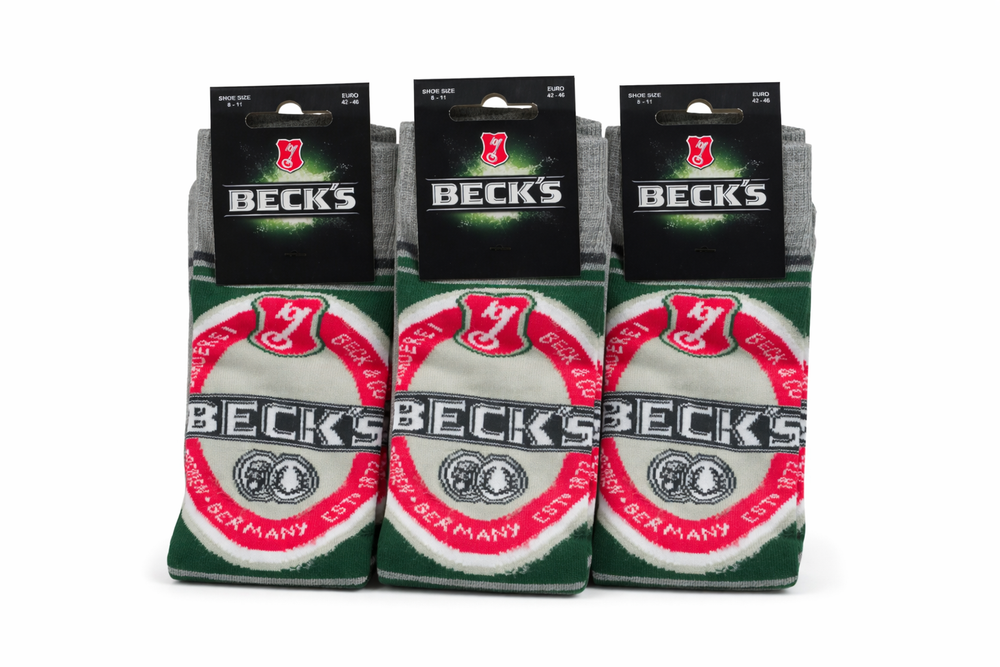 3x Becks Bier Socken Größe 42-46 Strümpfe Retro Party Freizeit grau Muster Logo
