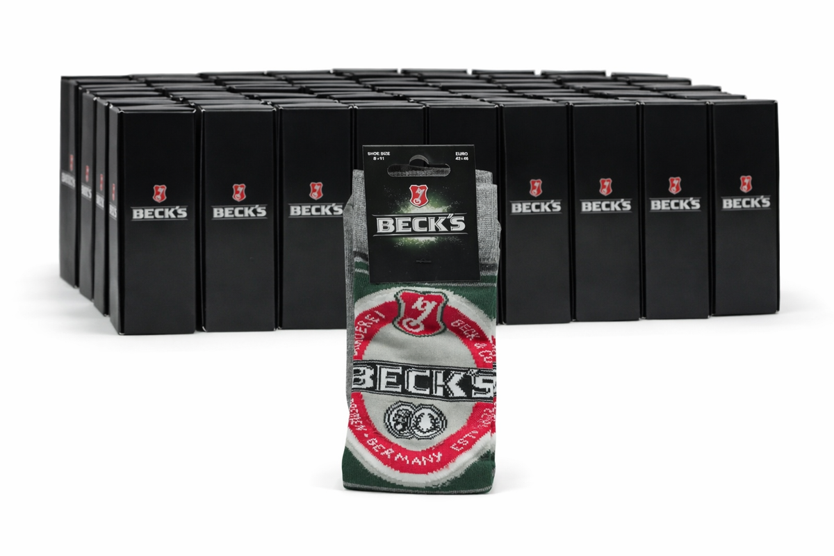 50x Becks Socken Strümpfe Größe 42-46 Unisex Socks Retro Party Freizeit Crew Bier
