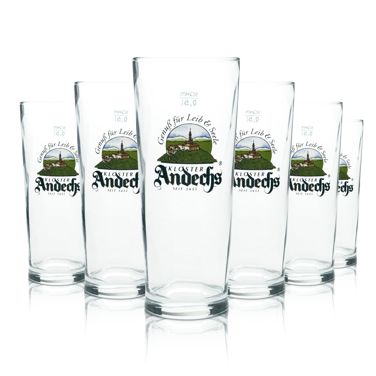 6 Andechs Bier Glas Becher 0,5l Logo Sahm neu