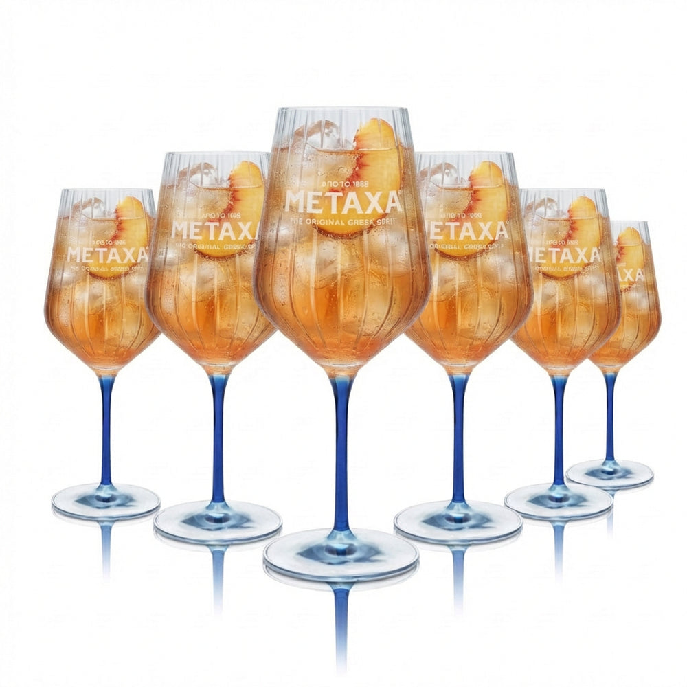 6er Set Metaxa Weinbrand Glas 0,57l – Relief Weinglas mit blauem Boden & Stiel