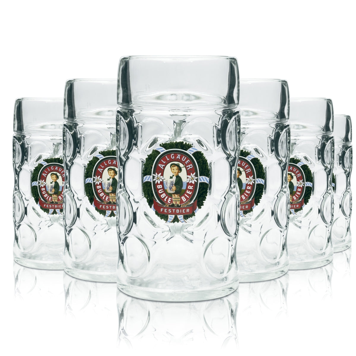 6x Allgäuer Büble Glas 1l Maßkrug "Festbier" Humpen Seidel Krüge Gläser Relief