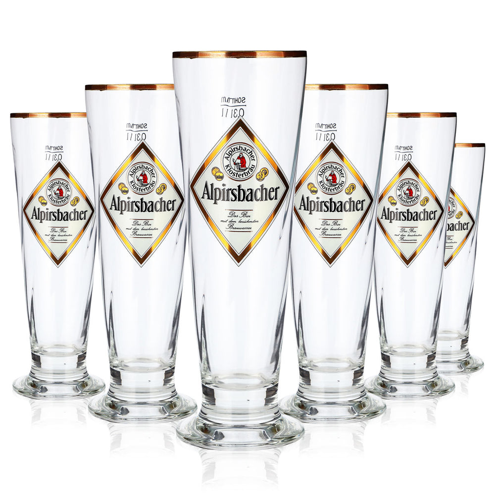 6x Alpirsbacher Bier Glas 0,3l Pokal Goldrand und Relief Sahm Florenz (6er Set)
