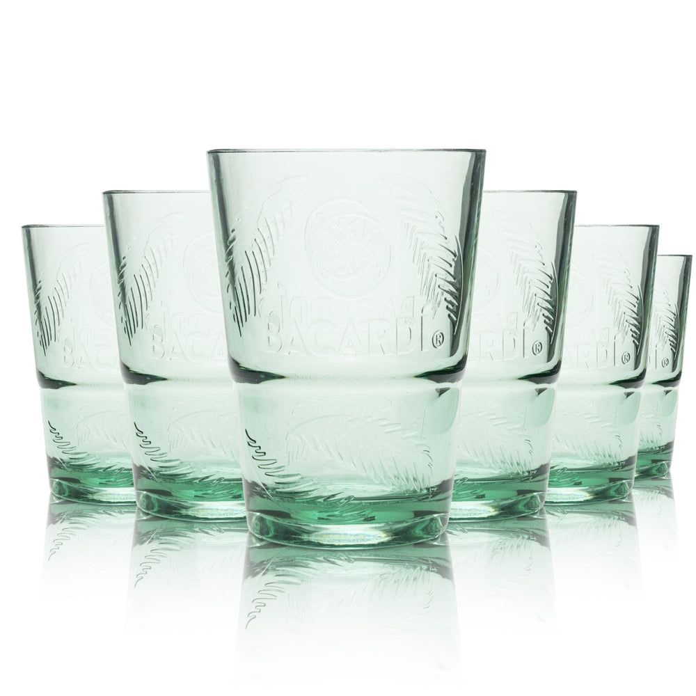 6x Bacardi Kunststoff Mehrwegbecher Glas 0,36l Grüne Longdrinkgläser Palmenmuster