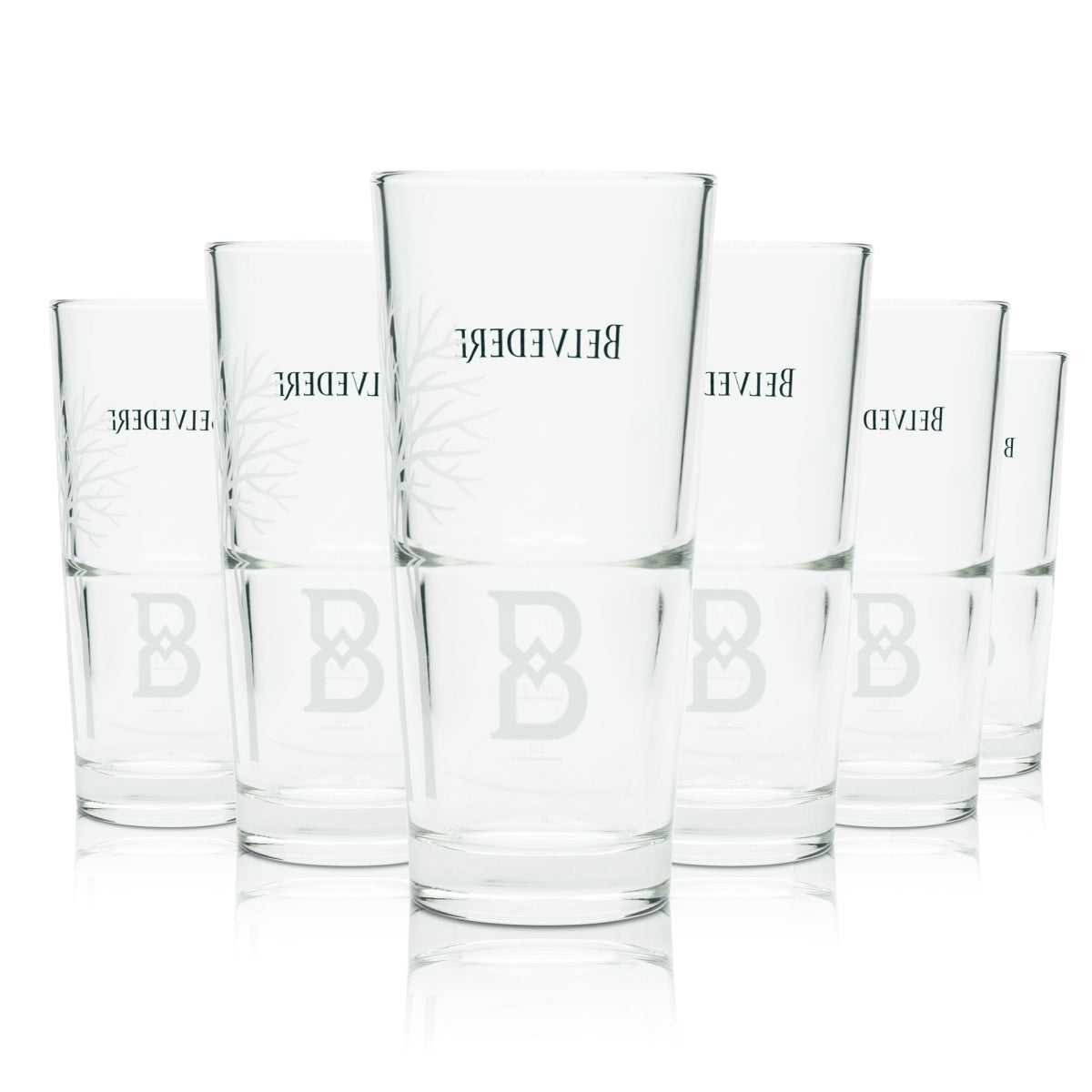 6x Belvedere Vodka Glas Longdrink neues Motiv "B" Cocktail Gläser Eiche Bar