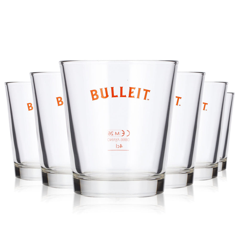 6x Bulleit Frontier Whiskey Glas 4cl Tumbler Orangenes Logo Whiskyglas