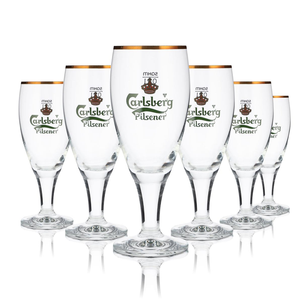 6x Carlsberg Glas 0,2l Pokal Tulpe Goldrand Pilsener Gläserset Brauerei Dänemark