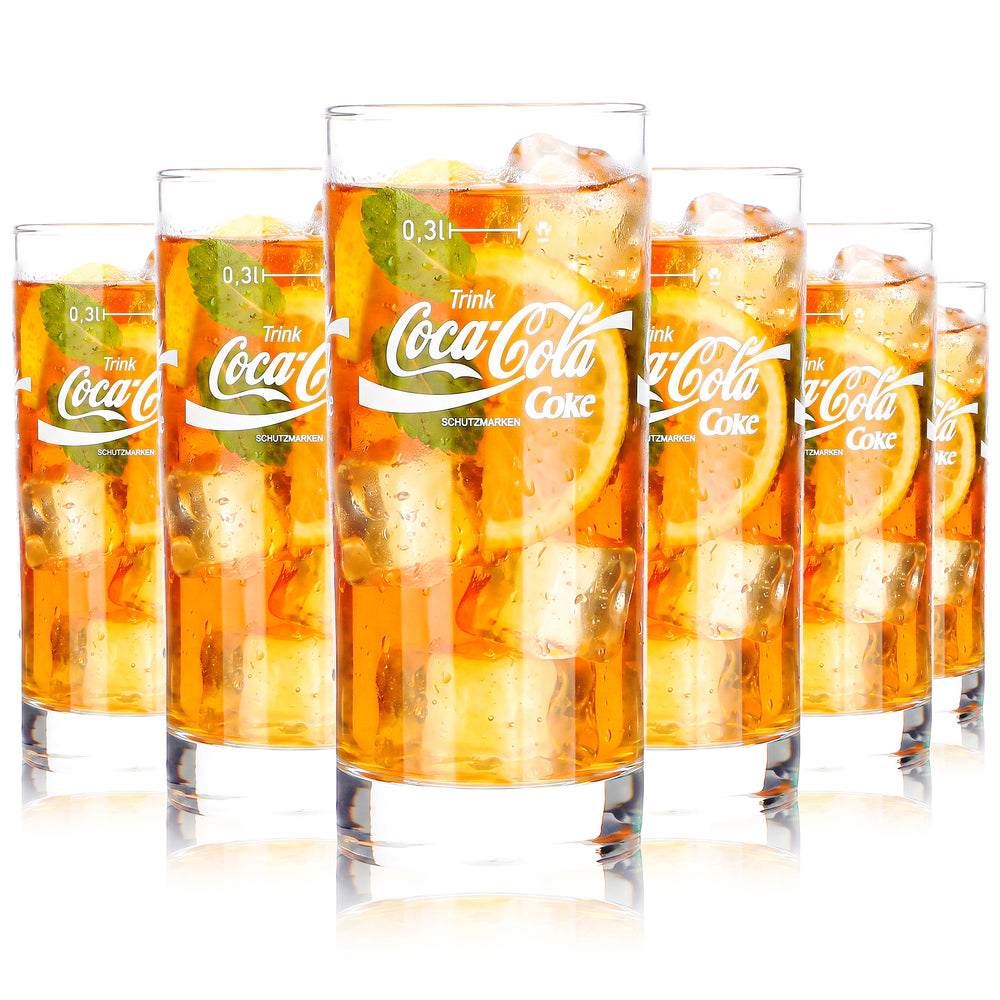 6x Coca Cola Softdrink Glas 0,3l Becher weißes Logo Coke Koffeinhaltig
