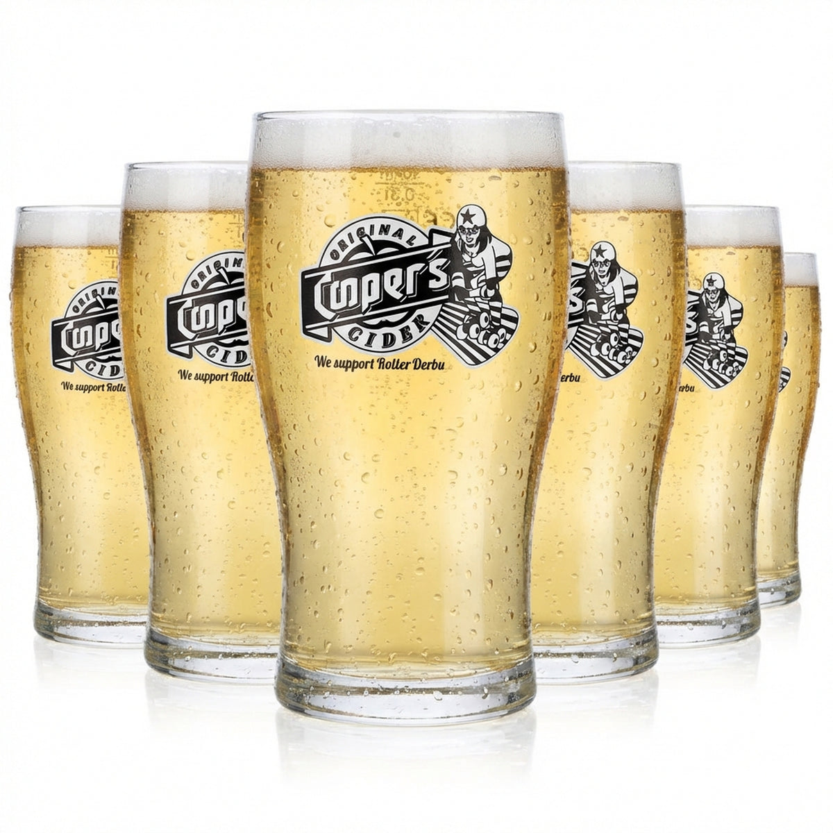 6x Coopers Cider Glas 0,3l Becher Ciderglas"We support Roller Derby" Tulip