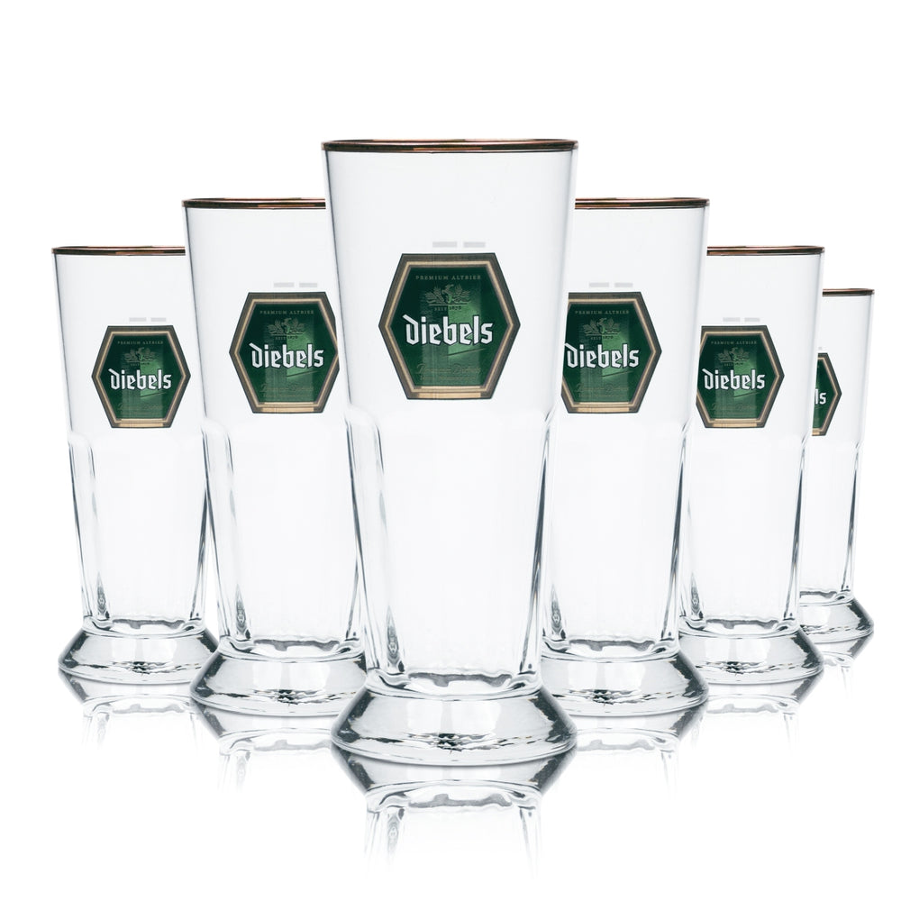6x Diebels Bier Glas 0,25l Pokal Relief Kupferrand Tulpe Gläser Brauerei Cup Bar