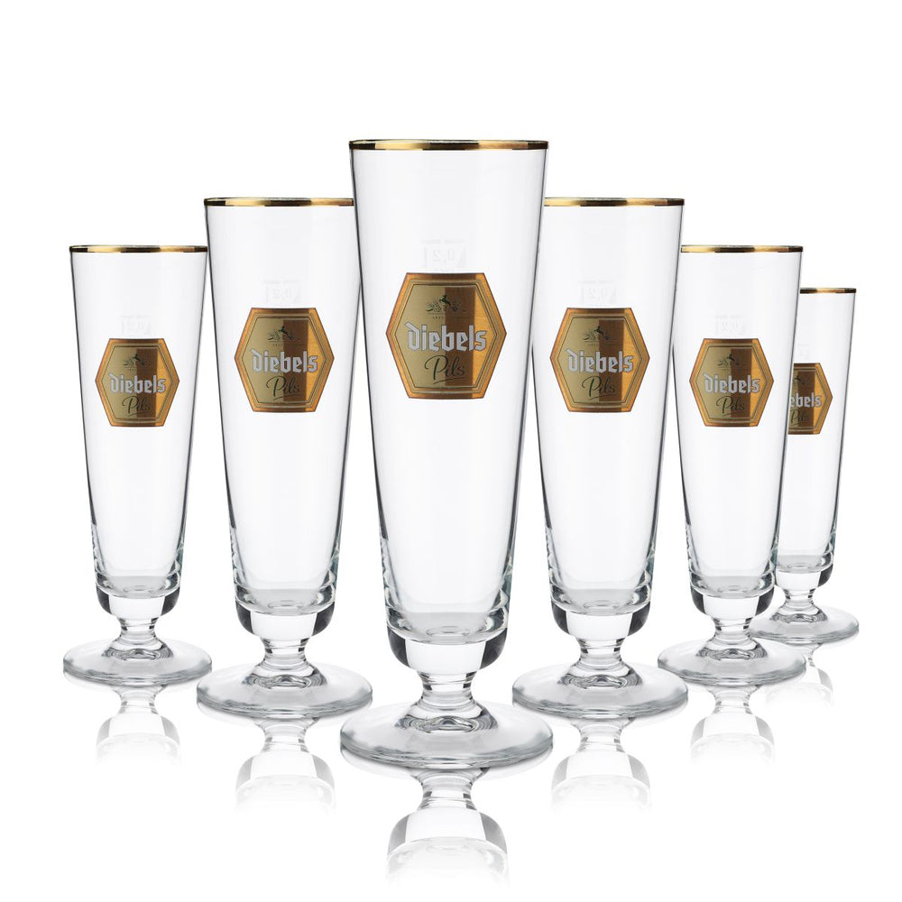 6x Diebels Bierglas 0,2l Pokalglas Pilstulpe Goldrand Gläser Set Brauerei Gastro