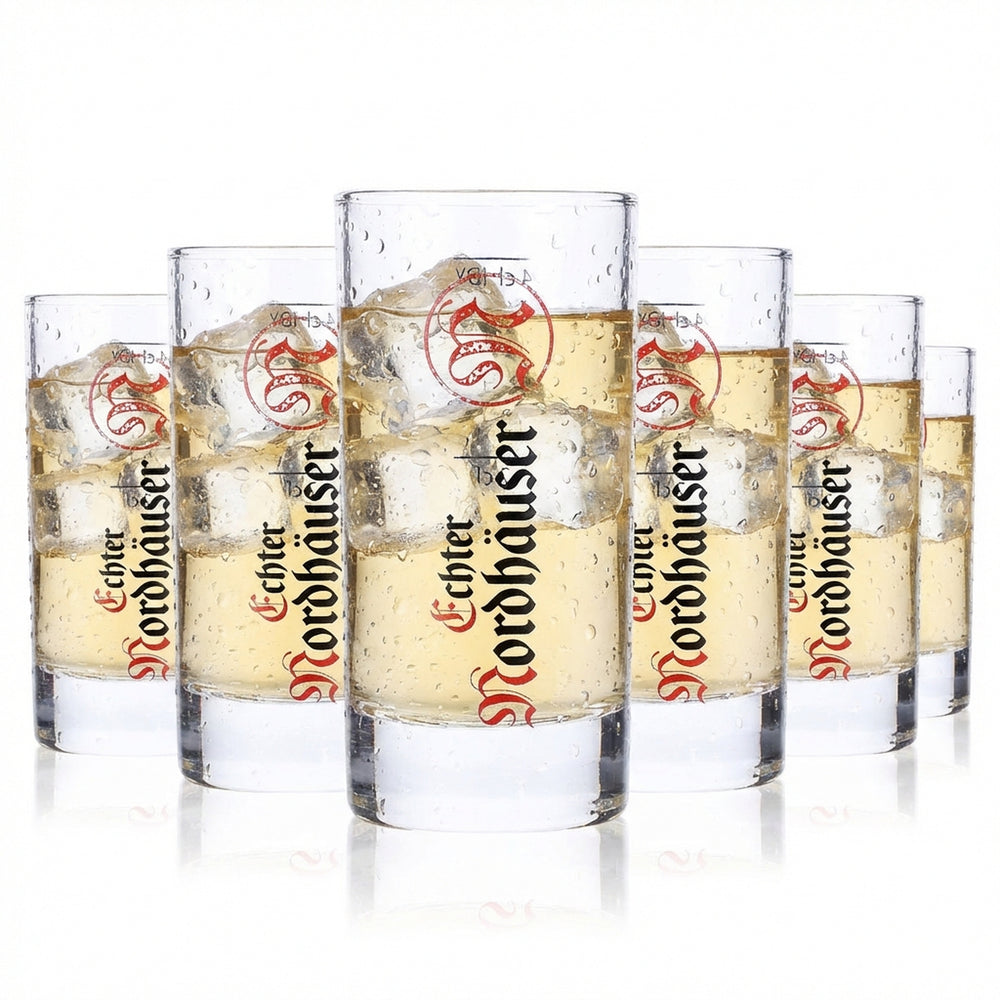 6x Echter Nordhäuser Korn Glas Stamper 4cl Shotglas Logo Senkrecht IDY