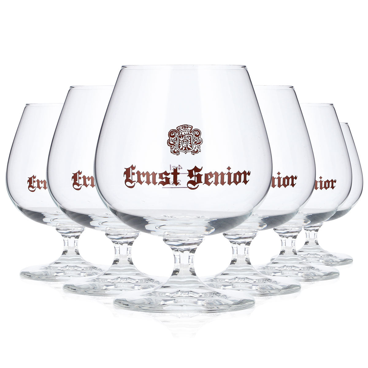 6x Ernst Senior Weinbrand Glas 2cl + 4cl Tulpe Braunes Logo Böckling