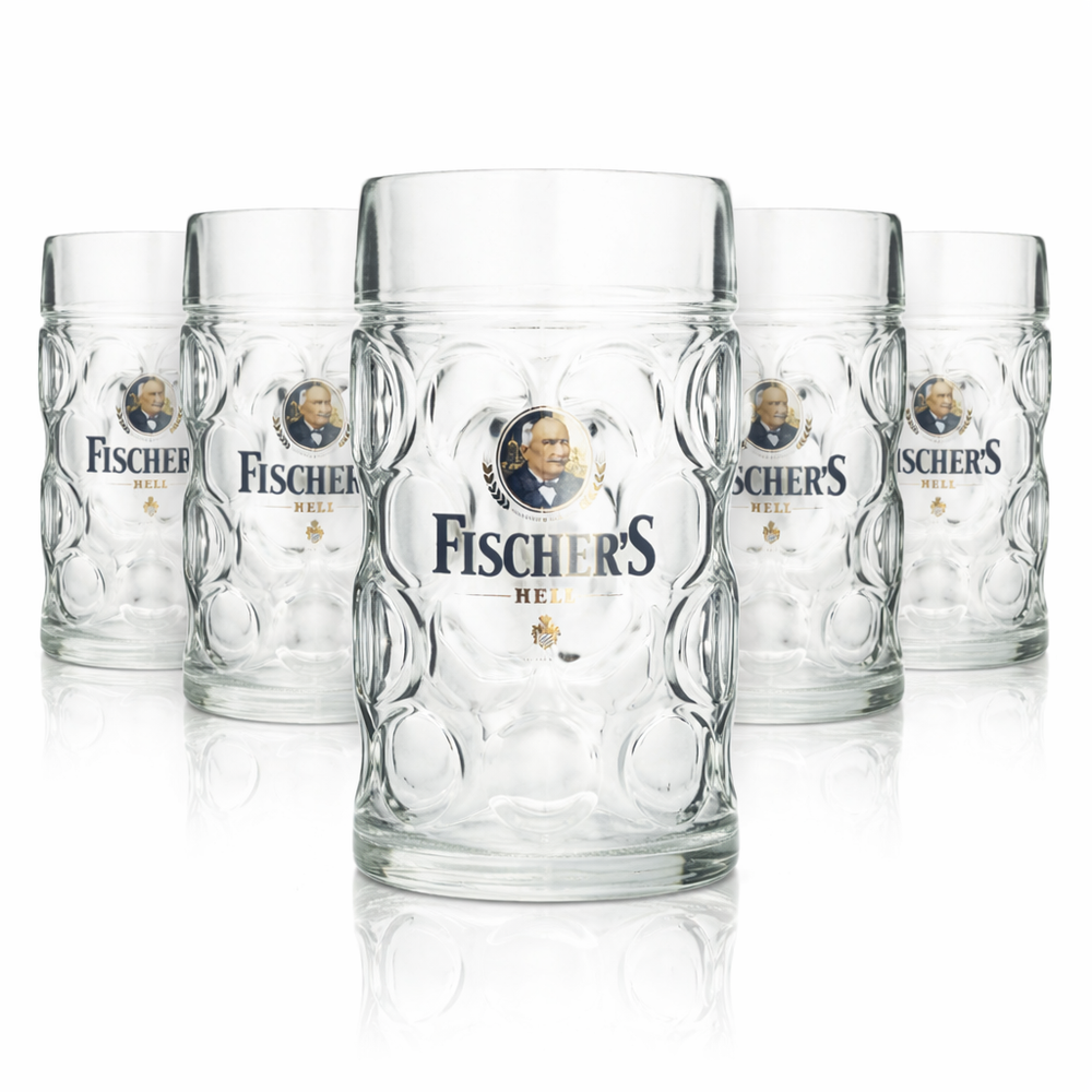 6x Fischers Maßkrug Glas 1l Humpen Seidel Kontur Gläser Geeicht Gastro Brauerei