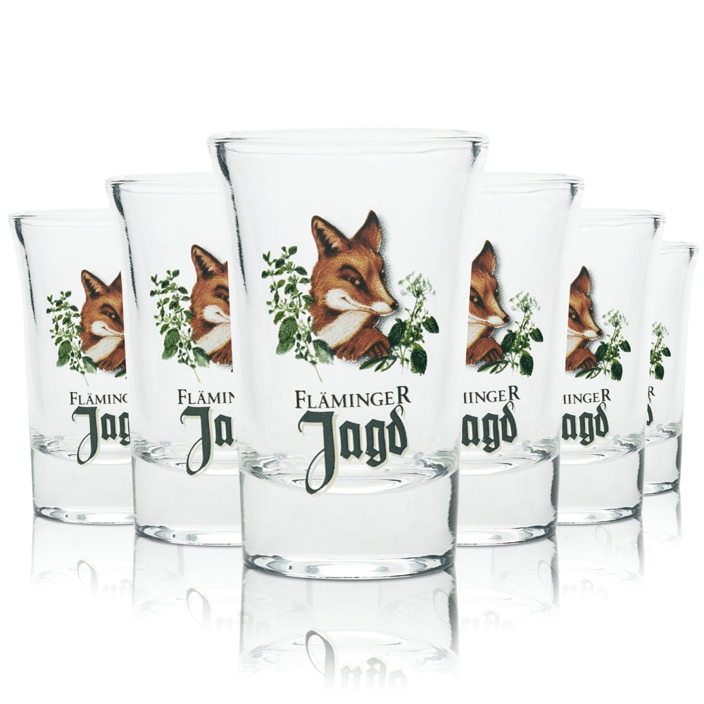 6x Fläminger Jagd Shot Glas 4cl Schnaps Gläser Kurze Stamper Likör Fuchs Gastro