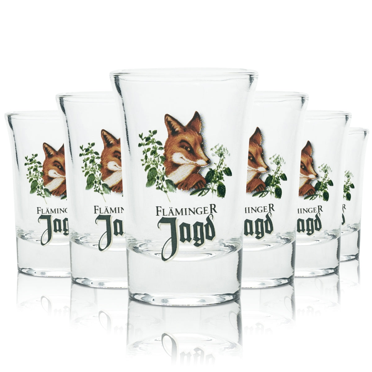 6x Fläminger Jagd Shot Glas 4cl Schnaps Gläser Kurze Stamper Likör Fuchs Gastro