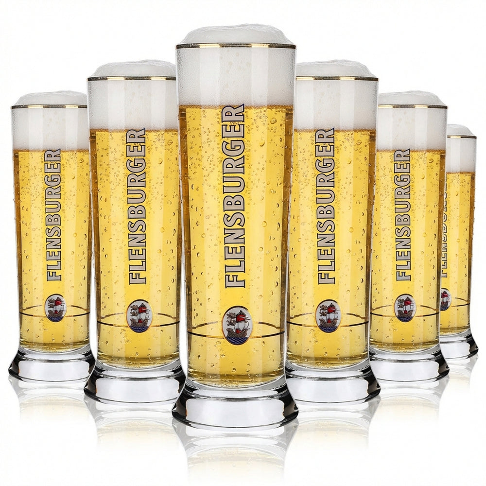 6x Flensburger Bier Glas 0,25l Becher Biergläser Pokal Goldrand Sahm Vancouver