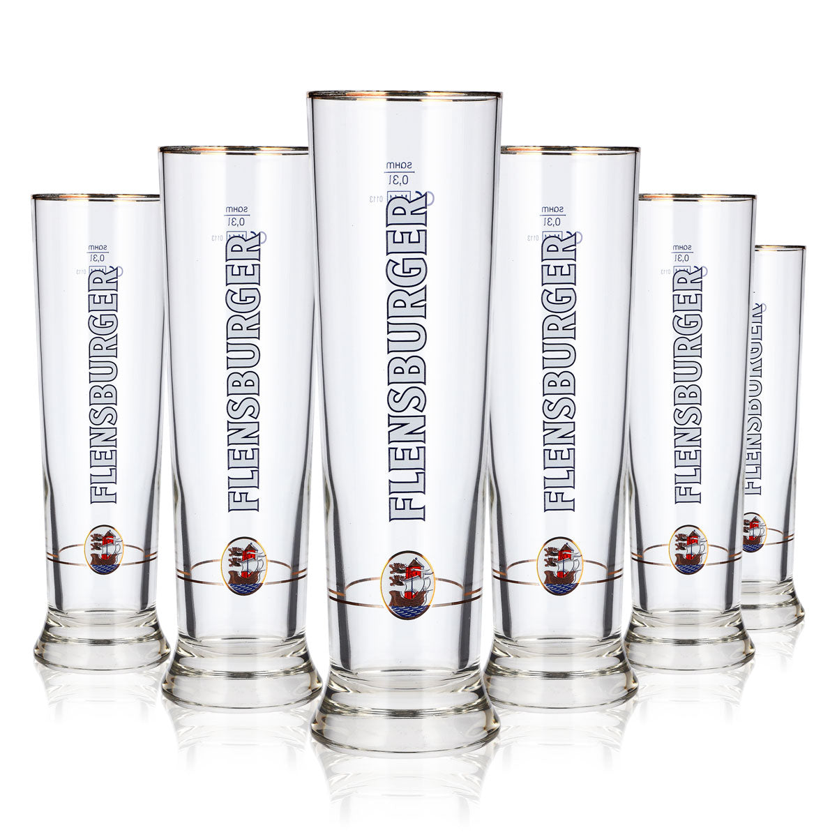 6x Flensburger Bier Glas 0,3l Pokal Goldrand sahm