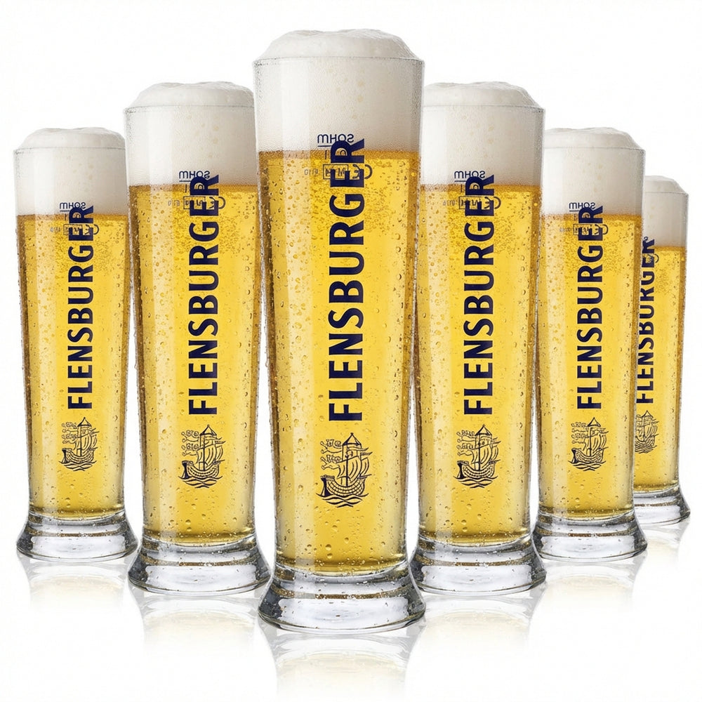 6x Flensburger Glas 0,2l Bier Becher blauer Schriftzug Sahm Vancouver