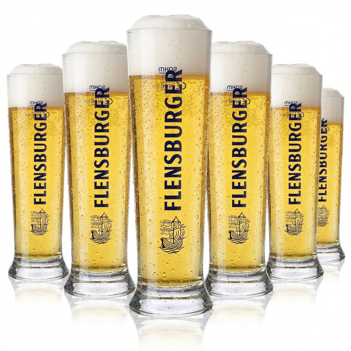 6x Flensburger Glas 0,2l Bier Becher blauer Schriftzug Sahm Vancouver